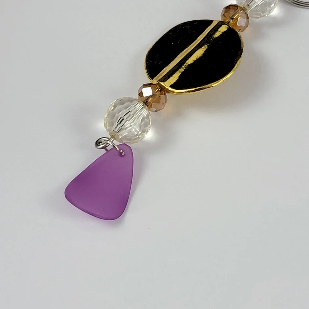 Handmade Gold & Violet Charm Keychain Bag Charm Crystal Beaded Accessory
